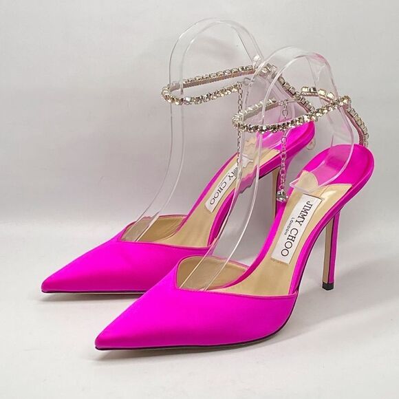 Jimmy Choo Saeda 100mm Satin Crystal Ankle-Strap Pumps size 39 - Picture 4 of 14